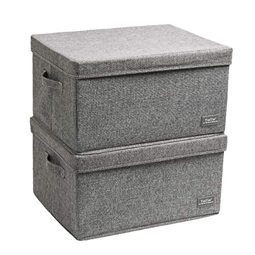 Product Cover YueYue Large Fabric Storage Boxes with Lids,2 Pack Foldable Cloth Storage Box,Fabric Clothes Container Great for Organizers Bedroom Closet Living Room Grey (17.7