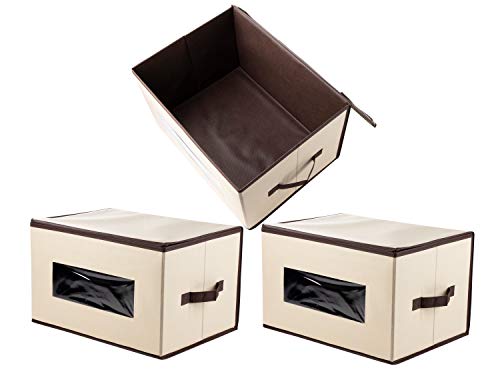 Product Cover Juvale Storage Bins - 3-Pack Foldable Storage Cubes, Decorative Fabric Storage Bins with Lids and Clear Windows, Household Organization, Closet, Office Supplies, Beige, 16.25 x 12 x 10 Inches