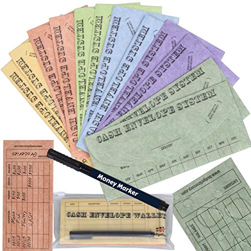 Product Cover Budgetizer Cash Envelopes System - 12 Pack Tear & Water Resistant Budget Planner Envelopes -Assorted Colors Money Envelopes - Bundle with 1 Cash Organizer Wallet and 1 Counterfeit Bill Marker Detector
