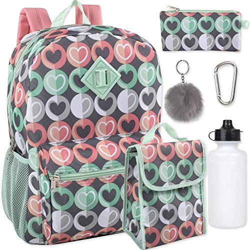 Product Cover Girl's 6 in 1 Backpack Set With Lunch Bag, Pencil Case, Bottle, Keychain, Clip (Hearts)