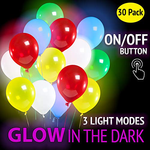 Product Cover LED Light Up Balloons by Bright Holiday - Equipped On/Off Button - 3 Flashing Modes - Glow in the Dark 30 Pack LED Balloons - Lights Lasts 12-24 Hours - Perfect Decorations for Party - Fillable with Helium or Air