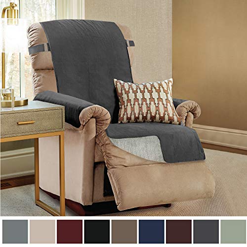 Product Cover GORILLA GRIP Original Slip Resistant Recliner Protector for Seat Width up to 26 Inch, Patent Pending Suede-Like Furniture Slipcover, 2 Inch Straps, Reclining Chair Slip Cover Throw for Dogs, Dark Gray