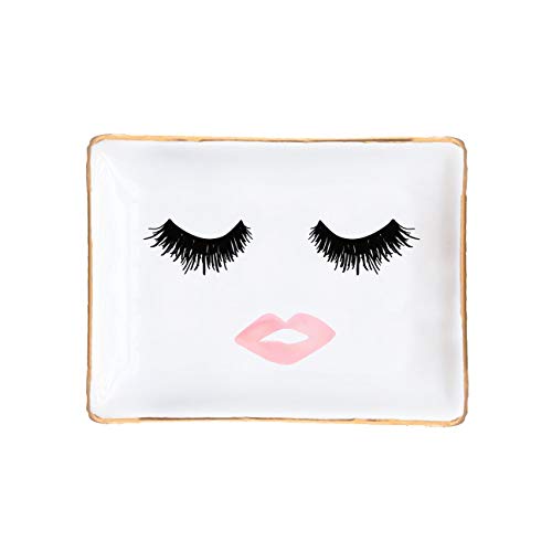 Product Cover Eyelashes and Lips Face Ceramic Jewelry Dish | Gift for Her Pink and Gold Office Decor Lashes Makeup Cosmetic Bridesmaid Organizer Trinket Tray Small Eyelash Desk Accessories Hand Drawn