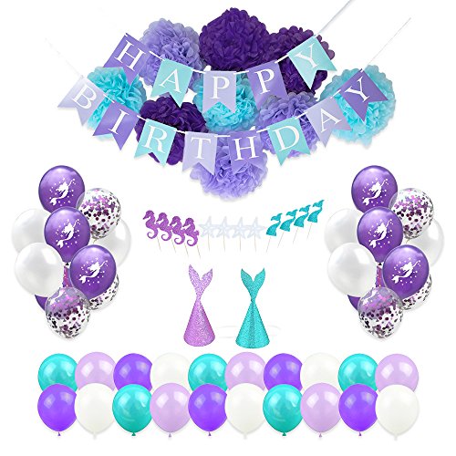 Product Cover Mermaid Birthday Party Supplies and Decorations for Girls Birthday Party, 64 Piece Pack of Balloons, Flower Pom Poms, Cupcake Toppers and Hats by Bash Supplies