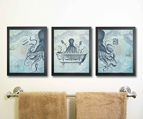 Product Cover Silly Goose Gifts Octopus Funny Vintage Bath Image Nautical Wall Art Prints (Set of 3) Bathroom (Blue)