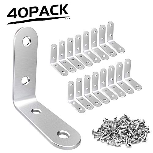 Product Cover LuckIn Corner Braces 1.6 x 1.6 inch, Corner Braces Stainless Steel 304 with Screws, Right Angle L Brace for Shelves Furniture Wood, 40 Pcs