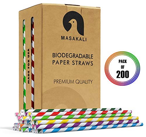 Product Cover Biodegradable Paper Straws - 10 Unique Colors Rainbow Stripe Paper Drinking Straws - Paper Straws Bulk for Shakes, Juices, Smoothies ... (Blue)