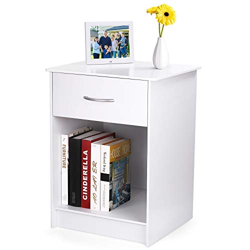Product Cover INTEY White Nightstand, Bedside Table with Drawer and Storage Shelf, End Table for Bedroom Living Room Home Furniture
