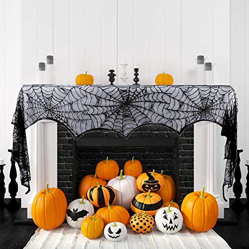 Product Cover Hokic Halloween Decoration Halloween Black Lace SpiderWeb Fireplace Mantle Scarf Cover For Halloween Party Supplies 18 x 96 Inch