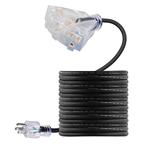 Product Cover 25 FT 12/3 Outdoor Extension Cord - Rubber, Flexible, Triple Outlet, Black Wire with Live Power Light Indicator. 15 Amp