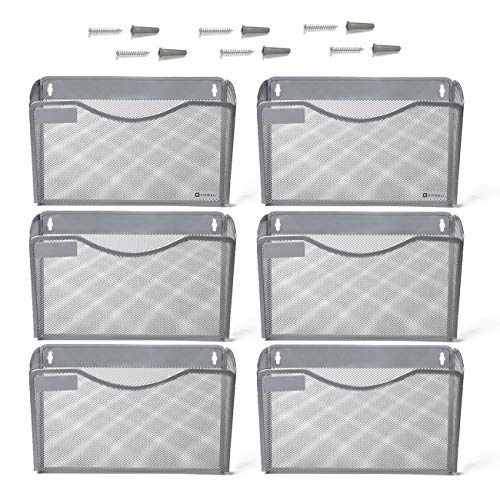 Product Cover Kinwell 6 Pack Office Hanging Mesh Letter-Size Wall File Holder Organizer Single Vertical Collection Pocket Set Multi-Purpose Organizer Display Magazines Mail Sorter & Magazine Rack (Silver)