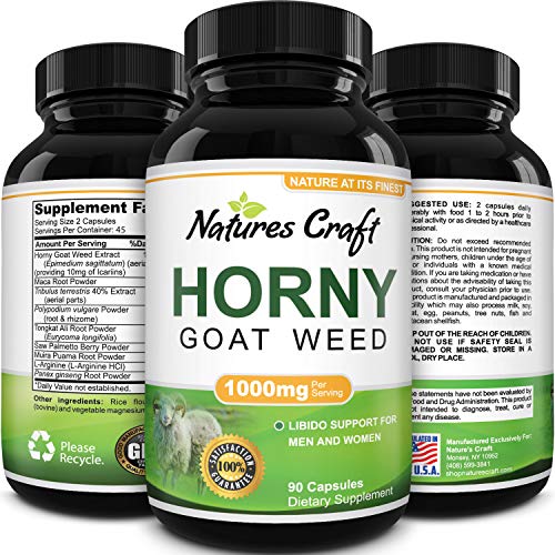 Product Cover 1000 mg Horny Goat Weed Supplement for Drive and Stamina - Pure Epimedium with Tongkat Ali Maca Root Ginseng Saw Palmetto - Boosts Performance for Men and Women 90 Capsules by Natures Craft