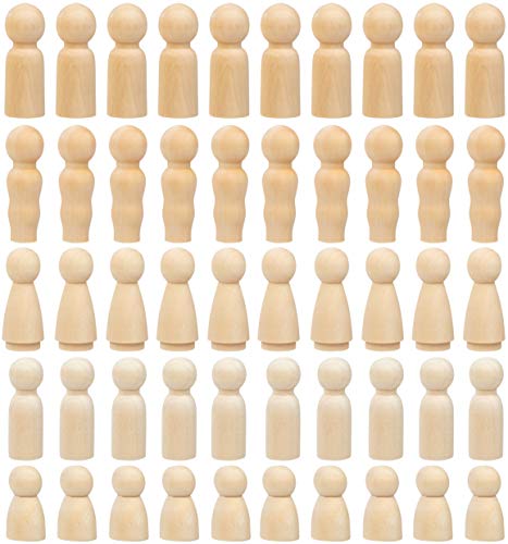 Product Cover Peg Dolls - 50-Pack Unfinished Wooden Peg Dolls, Peg People, Doll Bodies, Wooden Figures, for Painting, Craft Art Projects, Peg Game, Decoration, Men Women Girls Boys Babies, 5 Assorted Shapes