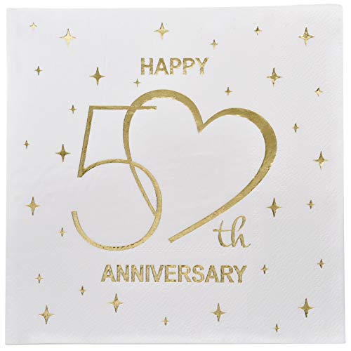 Product Cover Gift Boutique 100 Count 3 Ply Happy 50th Anniversary Napkins Wedding Party Favor Supplies Decorations White & Gold Foil Luncheon Napkin Heart Designs