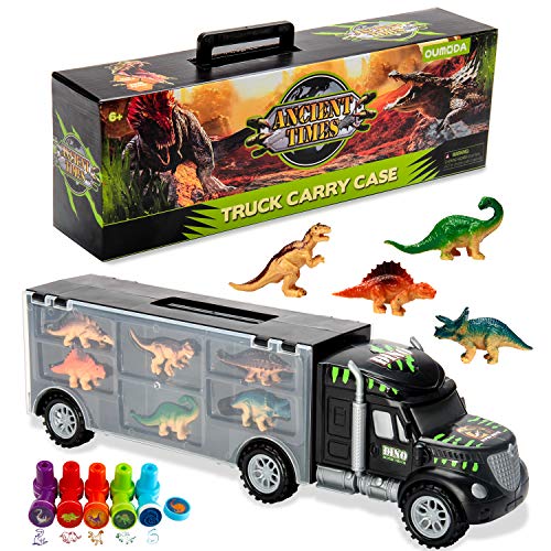 Product Cover Oumoda Dinosaur Truck, Transport Car Carrier Truck Toy with 6 Dinosaurs Toys Inside and 10 Dinosaur Stamps, Gifts for Kids/Boys Toy for Ages 3, 4, 5, Years Old and Up
