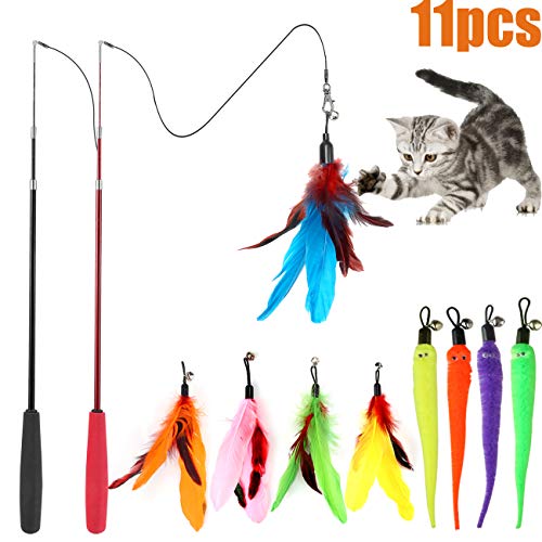 Product Cover MeoHui 11PCS Retractable Cat Feather Toy Set, Interactive Cat Toys Wand with 2 Poles & 9 Attachments Worm Bird Feathers, Cat Feather Teaser Wand Toy for Kitten Cat Having Fun Exercise Playing