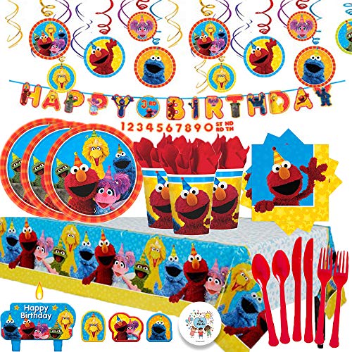 Product Cover Another Dream Sesame Street Mega Birthday Party Pack with Decorations for 16 with Plates, Napkins, Cups, Tablecover, Candles, Cutlery, Swirls, Birthday Banner and Exclusive Pin