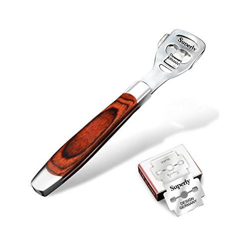 Product Cover BEINY Stainless Steel Callus Shaver Pedicure Dead Hard Skin Remover Heel Razor Wooden Handle Cutter with Skin Rub & 10 blades for Foot Care, Removing Solid, Cracked Skin Cells