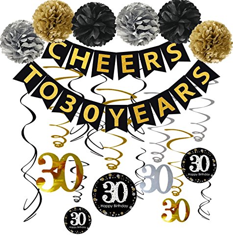 Product Cover 30th Birthday Party Decorations Kit - Cheers to 30 Years Banner, Poms,Sparkling Celebration 30 Hanging Swirls for 30 Years Old Party Supplies 30th Birthday Decorations