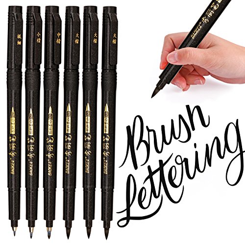 Product Cover Hand Lettering Pens, Calligraphy Pens, Brush Markers Set, Soft and Hard Tip, Black Ink Refillable - 4 Size(6 Pack) for Beginners Writing, Sketches, Art Drawings, Water Color Illustrations, Journaling