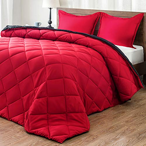 Product Cover downluxe Lightweight Solid Comforter Set (Twin) with 1 Pillow Sham - 2-Piece Set - Red and Black - Down Alternative Reversible Comforter