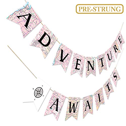 Product Cover Adventure Awaits Bon Voyage Banner, Travel Themed Party Decorations, Retirement /Baby Shower/Graduation Map Banner, Moving/Relocation/Wedding/Bachelorette/Job Change/Farewell/Career Change Party Decorations
