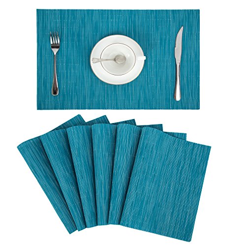 Product Cover Pauwer Placemats Set of 6 Crossweave Woven Vinyl Placemat for Kitchen Table Heat Resistant Non-Slip Kitchen Table Mats Easy to Clean (6pcs Placemats, Blue)