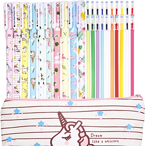Product Cover Jetec 10 Pieces Cute Gel Ink Pens Plus Unicorn Pencil Case pouch 20 Pieces Color Refill Ink, Fine Point (0.5 mm) Pen, Unicorn School Supplies for Girls（Style A）
