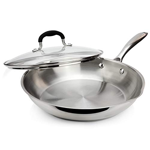 Product Cover AVACRAFT 18/10 Stainless Steel Frying Pan with Lid and Side Spouts, Induction Compatible Stainless Steel Skillet Frying Pan with Lid (Tri-Ply Capsule Bottom, 10 Inch)