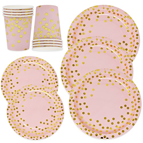 Product Cover Pink and Gold Party Supplies Paper Plates and Cups Set for 50 Guest, Gold Metallic Foil Dots on Pink 50 Dinner Plates 50 Dessert Plates and 50 9 oz Cups for Baby Shower Birthday Disposable Dinnerware