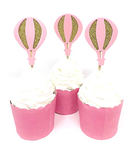 Product Cover 24 PCS Pink With Glitter Gold Hot Air Balloon Cake Cupcake Toppers for Birthday Wedding or Baby Shower Picks Decor And Cupcake Party Pick of 24
