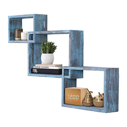 Product Cover Rustic Wall Mounted Tier Square Shaped Floating Shelves - Set of 3 - Screws and Anchors Included - Farmhouse Wooden Shelves for Bedroom, Living Room and more - Rustic Wall Barn Décor - Rustic Blue