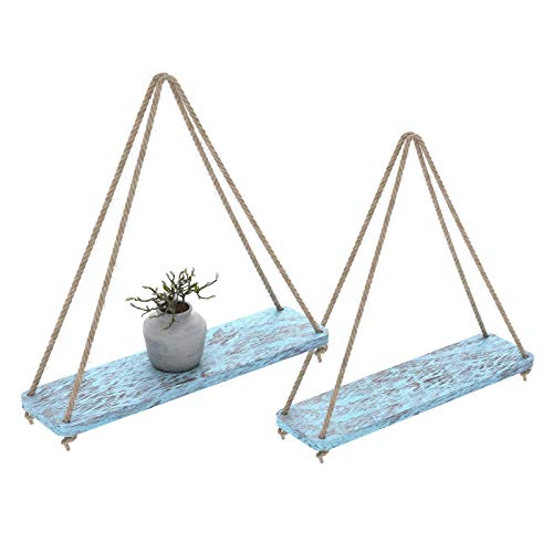 Product Cover Rustic Set of 2 Wooden Floating Shelves with String - Farmhouse Hanging Shelves for Living Room Wall - Small Kitchen Shelves with Rope - 17