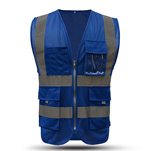 Product Cover Blue Safety Vest Reflective With Pockets And Zipper|High Visibility Mesh vest For Men And Women |Blue Vests With Reflective Tape（Blue,Medium）