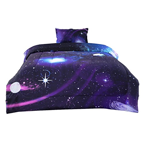 Product Cover uxcell Twin 2-Piece Galaxies Purple Comforter Sets - 3D Space Themed - All-Season Down Alternative Quilted Duvet - Reversible Design - Includes 1 Comforter, 1 Pillow Case
