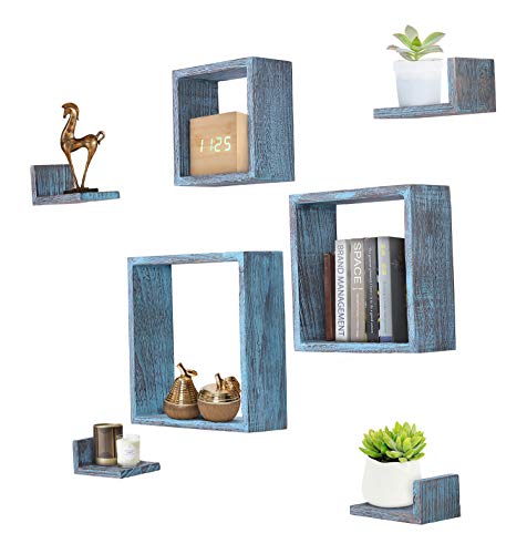 Product Cover Comfify Rustic Wall Mounted Square Shaped Floating Shelves - Set of 7 - 3 Square Shelves and 4 L-Shaped Rustic Shelves - Screws and Anchors Included - Rustic Wall Décor - Rustic Blue