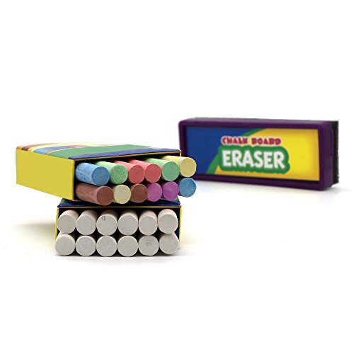 Product Cover Emraw Eraser 12 White Chalk Dustless Chalk Non-Toxic 12 Color Chalkboard School Office and Sidewalk Outdoor Chalk Block Bundle for Art and Home Board Chalk with Eraser Pack of 25