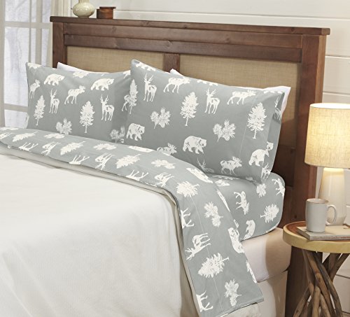 Product Cover 3-Piece Lodge Printed Ultra-Soft Microfiber Sheet Set. Beautiful Patterns Drawn from Nature, Comfortable, All-Season Bed Sheets. (Twin, Forest Animal - Light Grey)