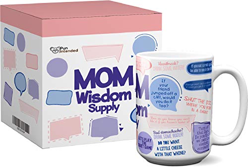 Product Cover Funny Coffee Mug | Mom Wisdom Supply | 15 Oz with Beautiful Gift Box | Best as Gift for Mother's Day, Birthdays, Christmas, from Daughter, Son, or Husband. Novelty, Porcelain