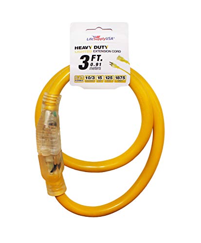 Product Cover LifeSupplyUSA 10/3 SJTW 3ft Lighted End 15 AMP 300V Indoor/Outdoor Extension Cord (3 Feet)