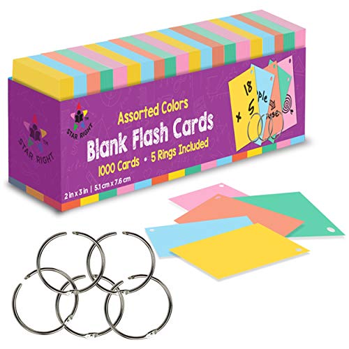 Product Cover Star Right Blank Flash Cards with Rings in Assorted Colors; 1000 Index Cards - Single Hole Punched with 5 Rings, 2x3 inch for School, Learning, Memory, Recipe Cards and More