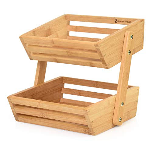 Product Cover Golden Nature Bamboo Fruit Basket - 2 Tier Fruit and Vegetable Storage Stand for Kitchen Countertop - Solid Design and Breathable Structure - Perfect for Produce, Bread, Home Storage and Display