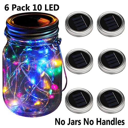 Product Cover KZOBYD 6 Pack Mason Jar Lid Solar Waterproof Fairy Starry Firefly Lights for Regular Mouth Mason Jar Lantern on Patio Yard Pathway Festivals Home Decor(Jars Not Included)(6, Colorful 10LED)