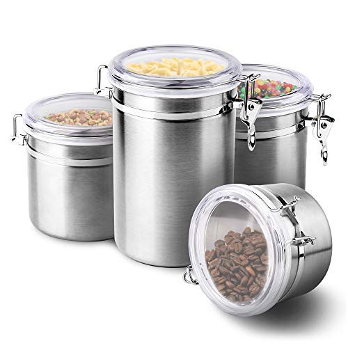 Product Cover 4-Piece Stainless Steel Airtight Canister Set, Beautiful Food Storage Container for Kitchen Counter, Tea, Sugar, Coffee, Caddy, Flour Canister with Clear Acrylic Lid n' Locking Clamp Up to 65 oz