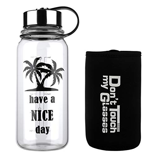 Product Cover Glass Water Bottle 32 Oz, Wide Mouth Glass Water Bottle with Insulated Sleeve and Stainless Steel Strainer,Water Bottle with Time Marker for Travel Home BPA Free for Liquids Tea Coffee Daily Intake
