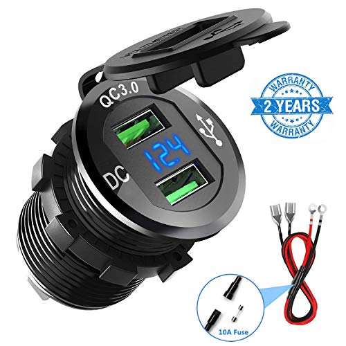 Product Cover Quick Charge 3.0 Car Charger, CHGeek 12V/24V 36W Aluminum Waterproof Dual QC3.0 USB Fast Charger Socket Power Outlet with LED Digital Voltmeter for Marine, Boat, Motorcycle, Truck, Golf Cart and More