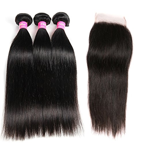 Product Cover VRBest Brazilian Straight Hair Extensions 3 Bundles with Lace Closure 8A Virgin Human Hair Bundles 100% Unprocessed Hair Weaves Natural Color with 4x4 Free Closure（10 12 14 +10）