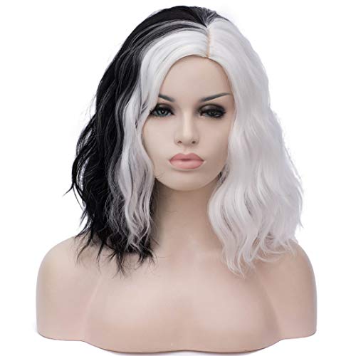 Product Cover Cying Lin Short Bob Wavy Curly Wig Lady Costume Wig For Women Cosplay Halloween Wigs Heat Resistant Bob Party Wig Include Wig Cap (Black and White)
