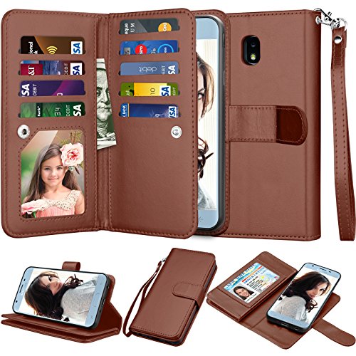 Product Cover Njjex Wallet Case For Galaxy J7 2018/J7 Refine/J7 V 2nd Gen/J7 Aero/J7 Aura/J7 Top/J7 Crown/J7 Eon/J7 Star, PU Leather Card Slots Holder Kickstand Flip Cover Case & Lanyard For Samsung J7 Star [Brown]