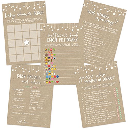 Product Cover Kraft Baby Shower Game Set, Contains 5 Games, 50 Sheets Each, Fun Baby Shower Games and Activities, Includes Baby Prediction and Advice, Emoji, Bingo, Who Knows Mommy, and Guess Who Games